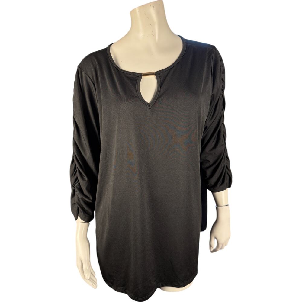 Inner Circle Black Keyhole Top XL Women's 3/4 Sleeve Ruched Blouse Stretchy‎